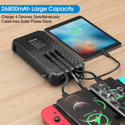 3 짜맞춘 케이블과 IPX5 방수되 휴대용 태양 동력이 공급된 파워 뱅크 충전기 26800mAh